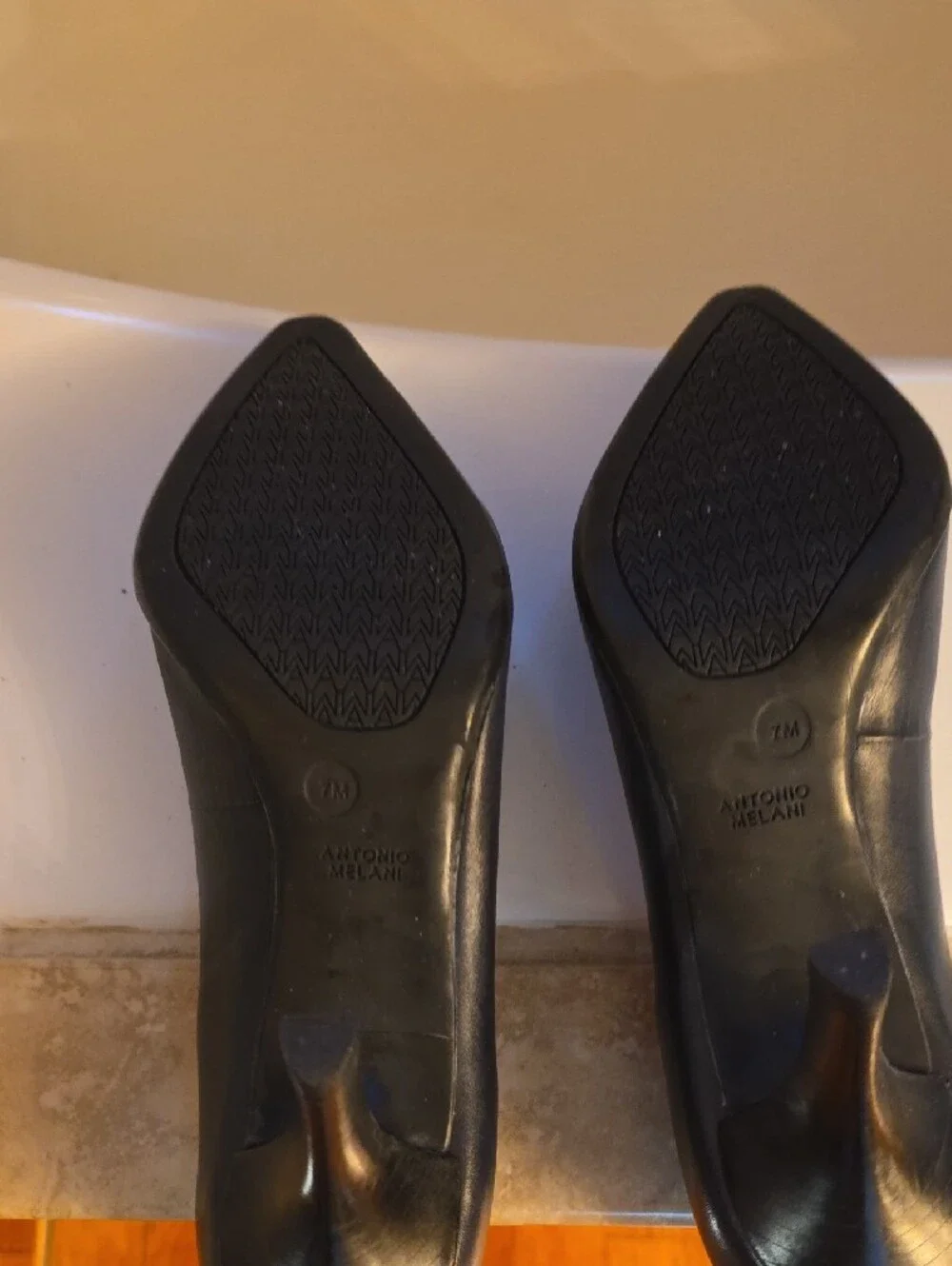 ANTONIO MELANI Dark Navy Blue Pointed Toe Leather Pumps with Tan Insole